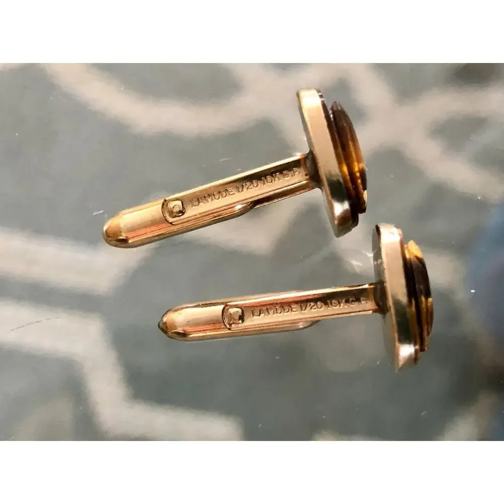 Vintage Lamode 10K Gold Filled, Carved Tigereye Brown Stone Warrior Cufflinks